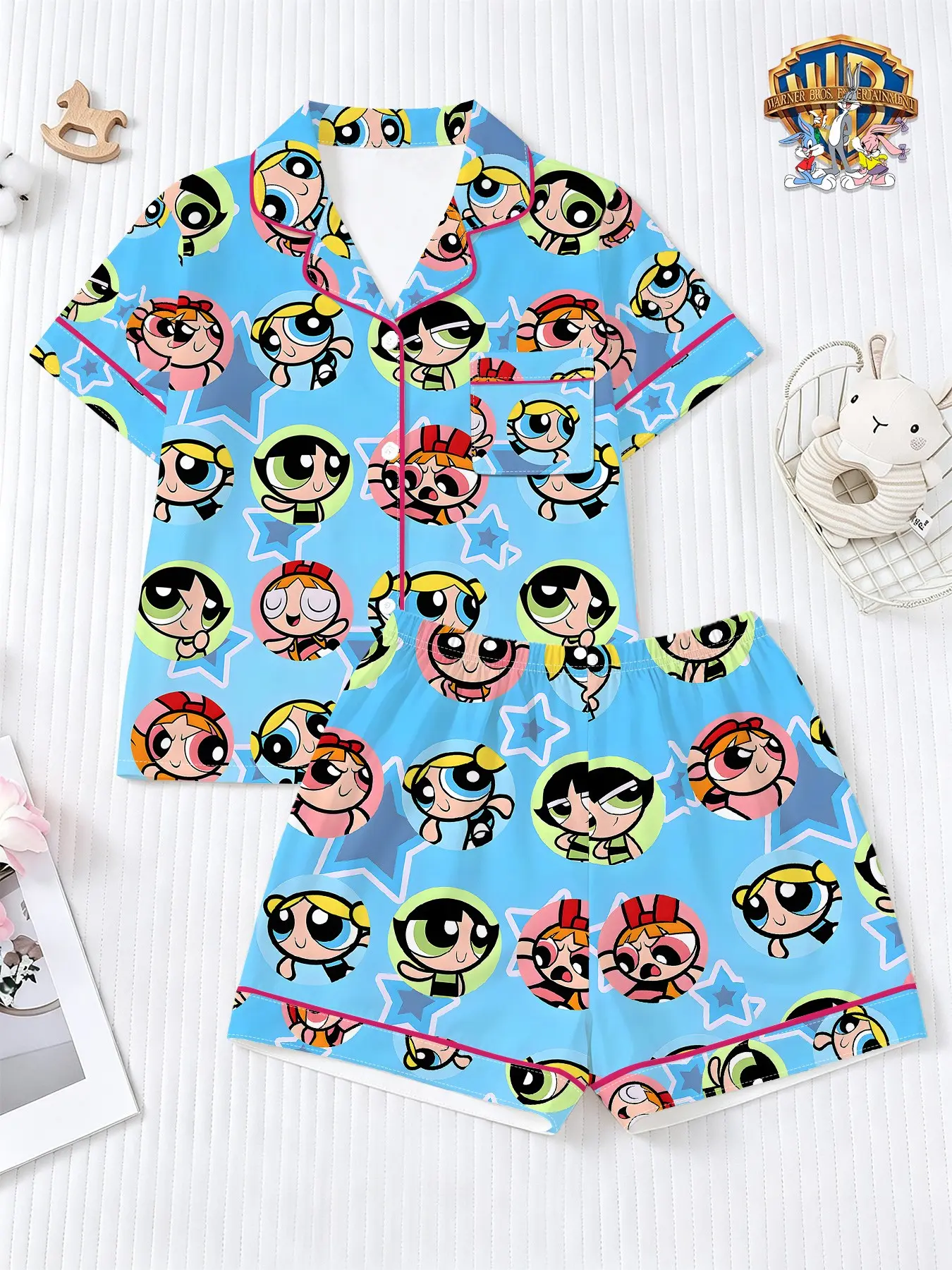 Warner Bros. Officially Licensed, the Powerpuff Girls Blue Circle Print Girl's Pajama Set, Cute Kids' Sleepwear, Loose-Fit Casual Style, Powerpuff Girls Sleepwear For Girls