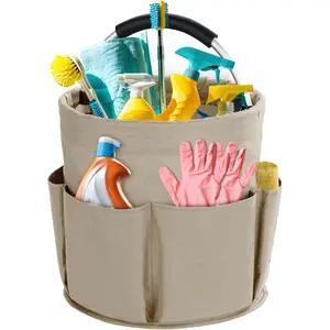 Black & White Foldable Cleaning Caddy with Handle, 17L Large Capacity Cleaning Organizer Basket, Portable Multi-Purpose Storage Bucket Bag, Heavy-Duty Cleaning Supplies Caddy for Home, Garden, Bathroom and Outdoor Cleaning