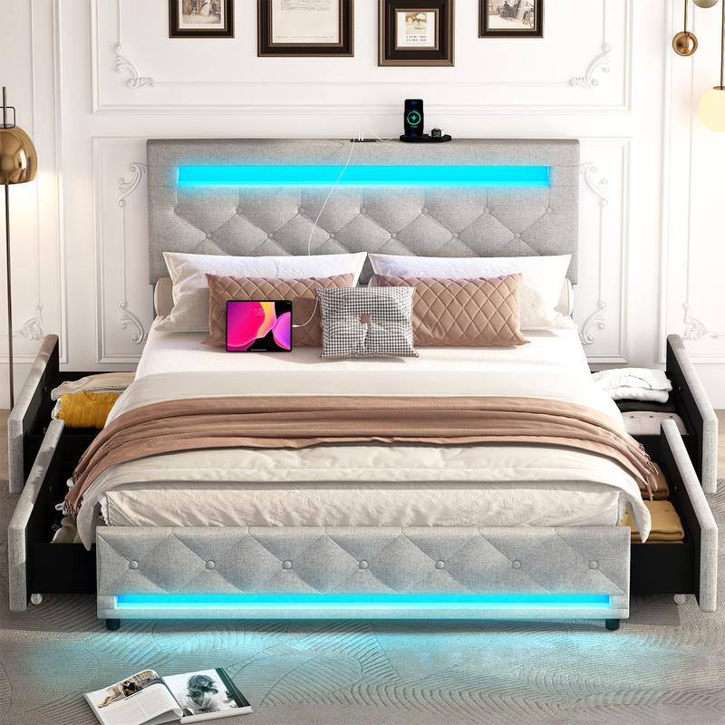 King/Queen LED Bed Frame with 4 Storage Drawers and 2 USB Ports, Modern Upholstered Button Tufted Headboard Bed Frame, Solid Wooden Slat Support, No Box Spring Needed, Dark Grey/Light Grey