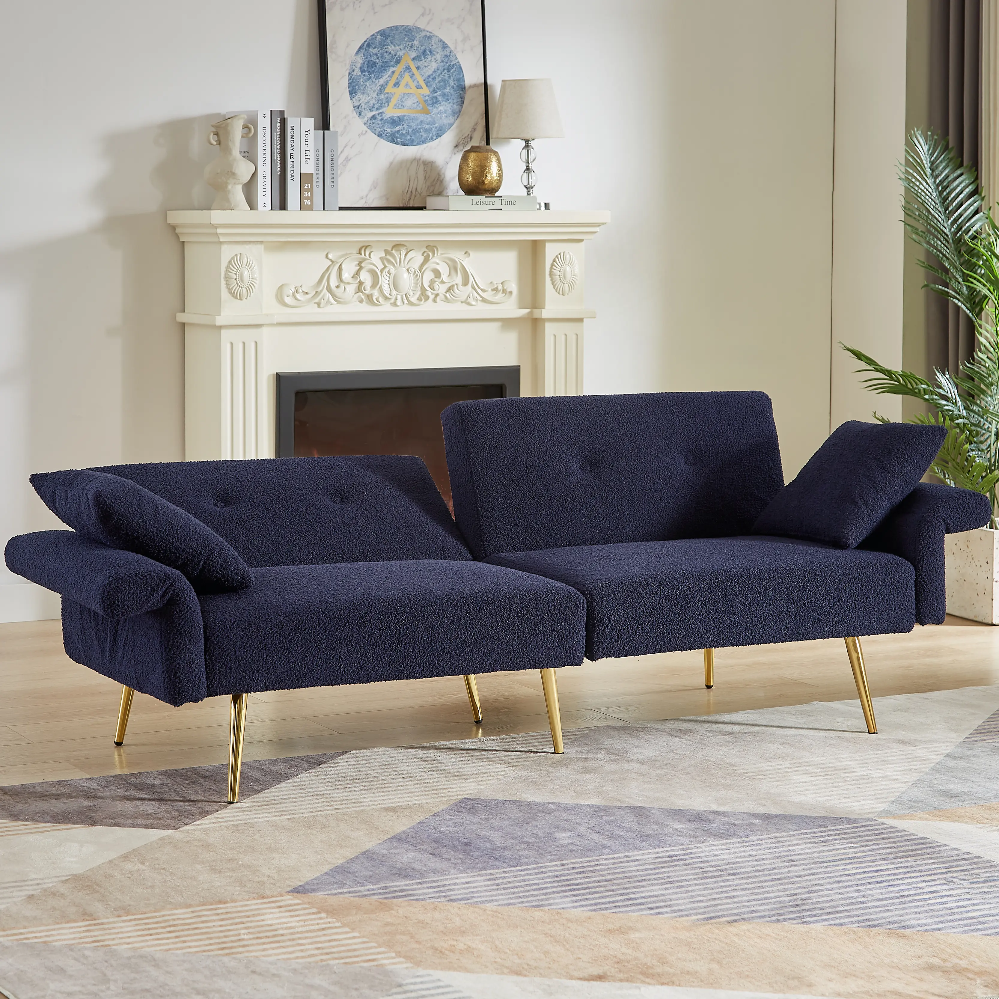 ARCH Modern Teddy Upholstered Accent Loveseat Sofa with Side Pocket, Folding Sleeper Sofa Bed with Foldable Armrest, Adjustable Backrest, Golden Metal Legs for Living Room, Dark Blue, Living Room Furniture for Apartment, Lounge, Family Room