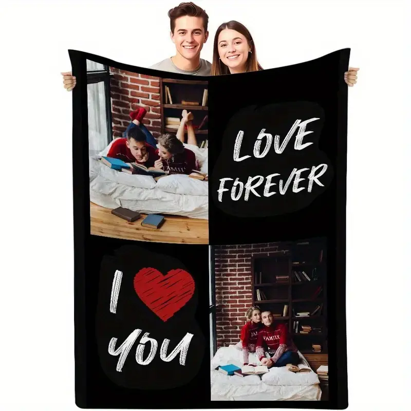 Custom photo blanket with 2 photos, personalized flannel fleece blanket, modern style, knitted polyester for all seasons, ideal gift for adults - dad, mom, husband, boyfriend, wife, personalized blanket,Christmas,warm,,Oogie
