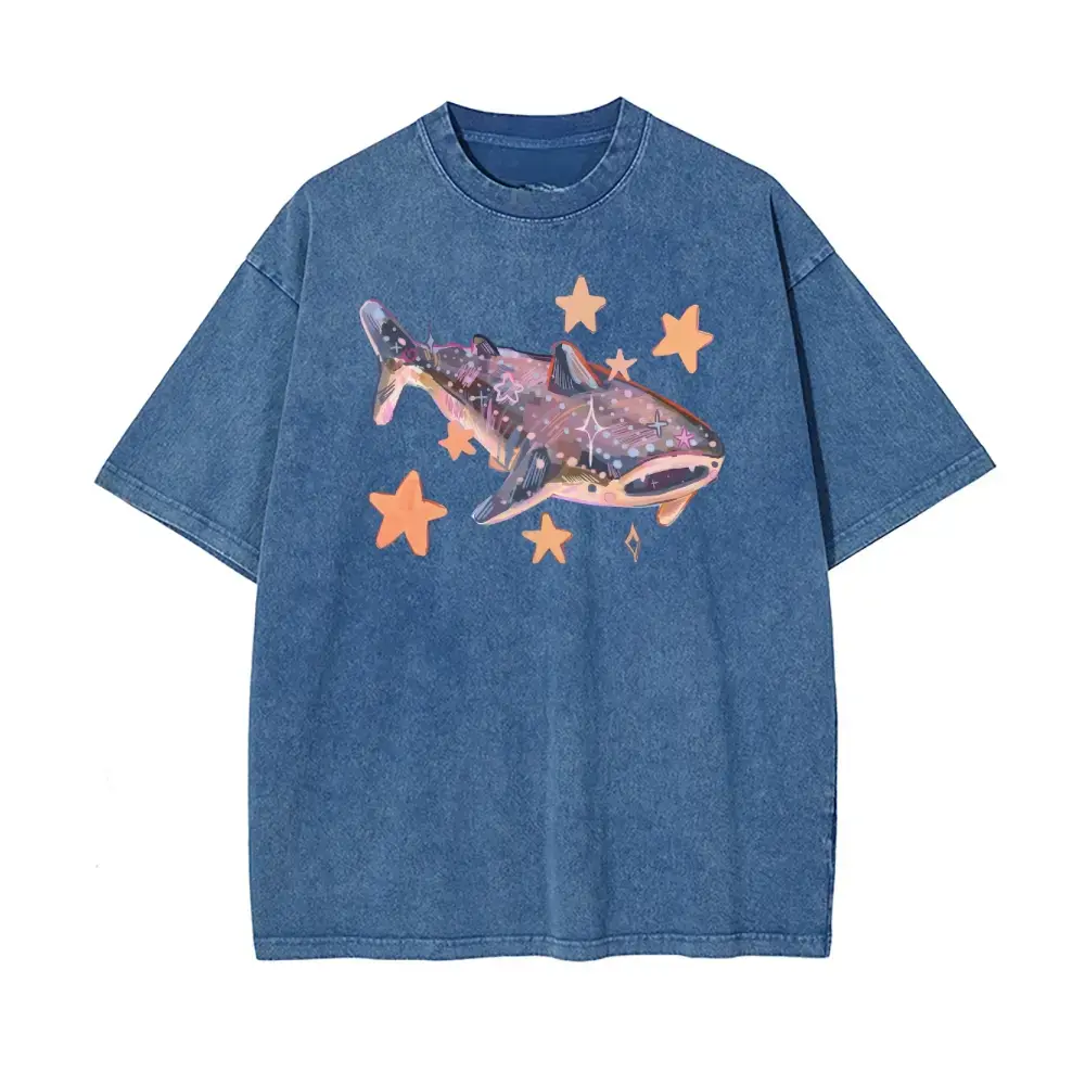 Dreamy Starry Whale Shark Ocean Graphic Washed T-Shirt, Vintage Distressed Oversized Loose Fit Casual Streetwear Unisex Aesthetic Cosmic Sea Animal Trendy Hip Hop Tee