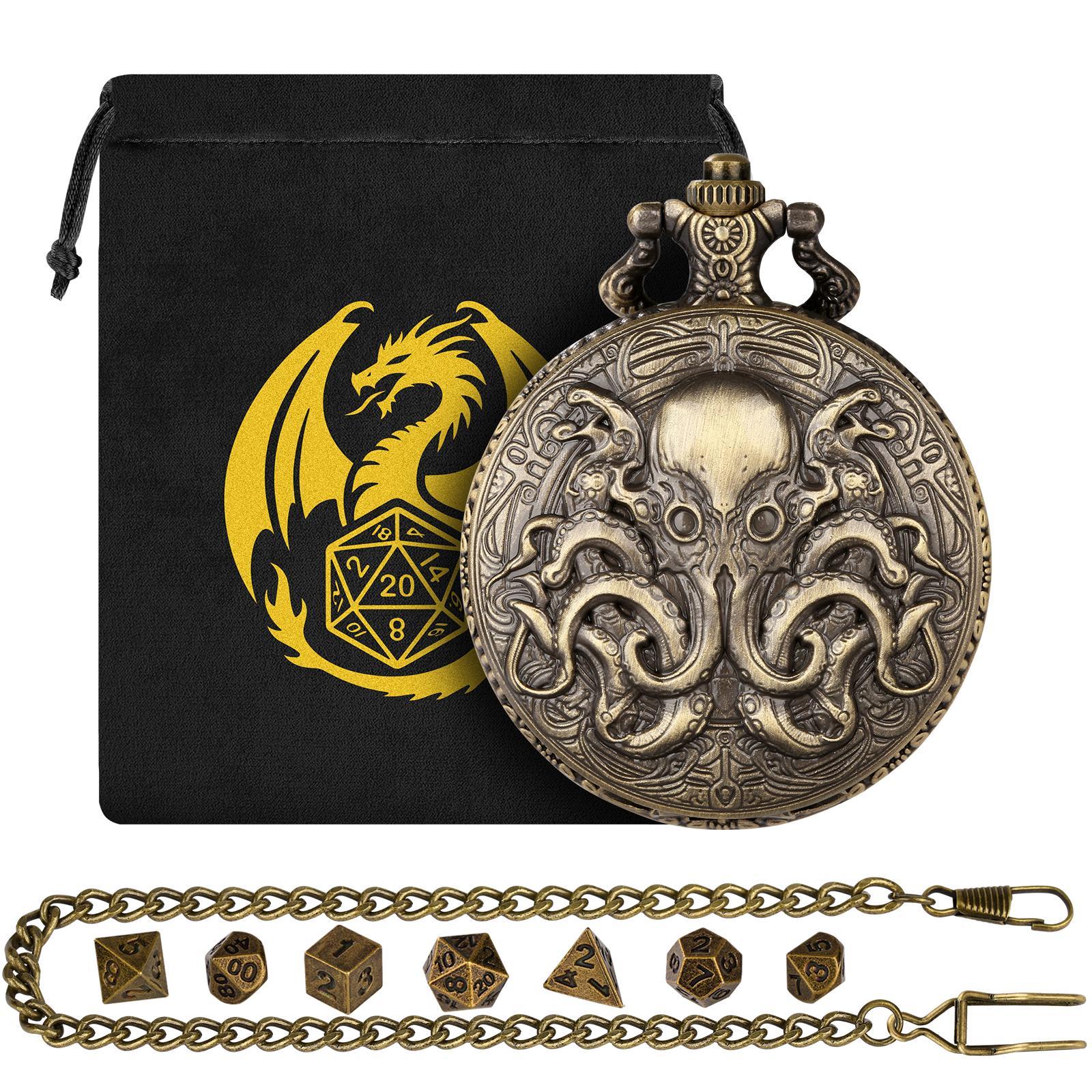 Double Eye Octopus Design Pocket Watch with Chain & Dice Set, 1 Set Role Playing Game Accessories, Cosplay Game Accessories