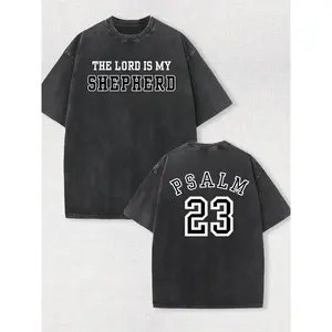Unisex Vintage Acid Washed Double Sided 100% Cotton T Shirt, The Lord Is My Shepherd Psalm 23 Varsity Jersey Font Oversized Christian Faith Religious Streetwear Short Sleeve Tee