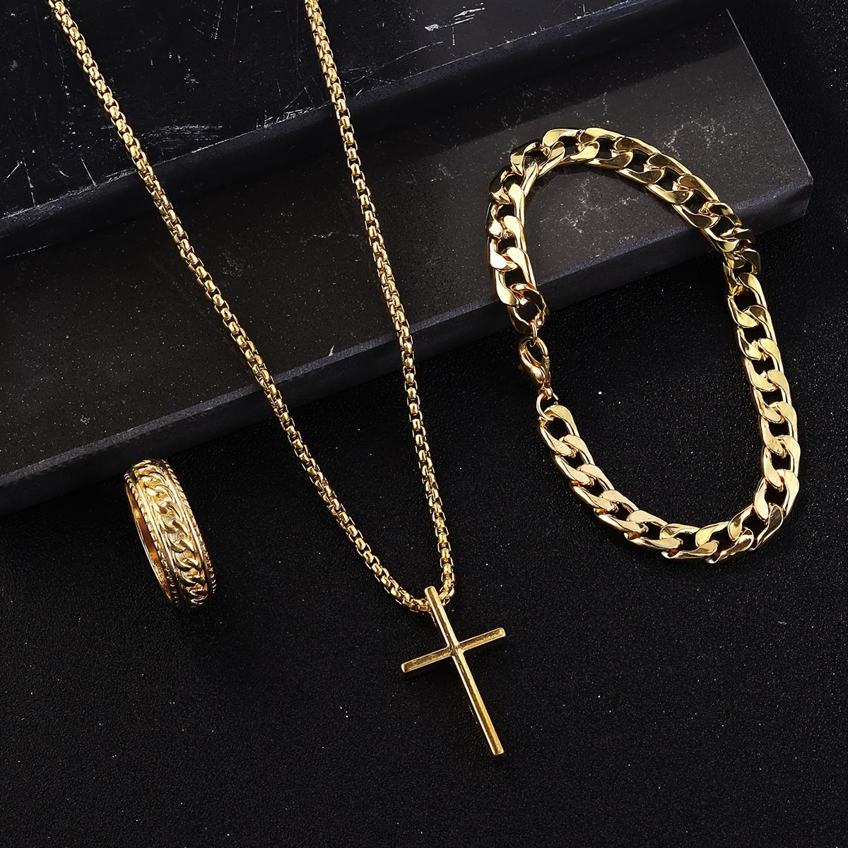 Men's Stainless Steel Cross Pendant Necklace Bracelet & Ring Set Elegant Fashionable Jewelry Gift for Holidays Durable Cohesive Ensemble