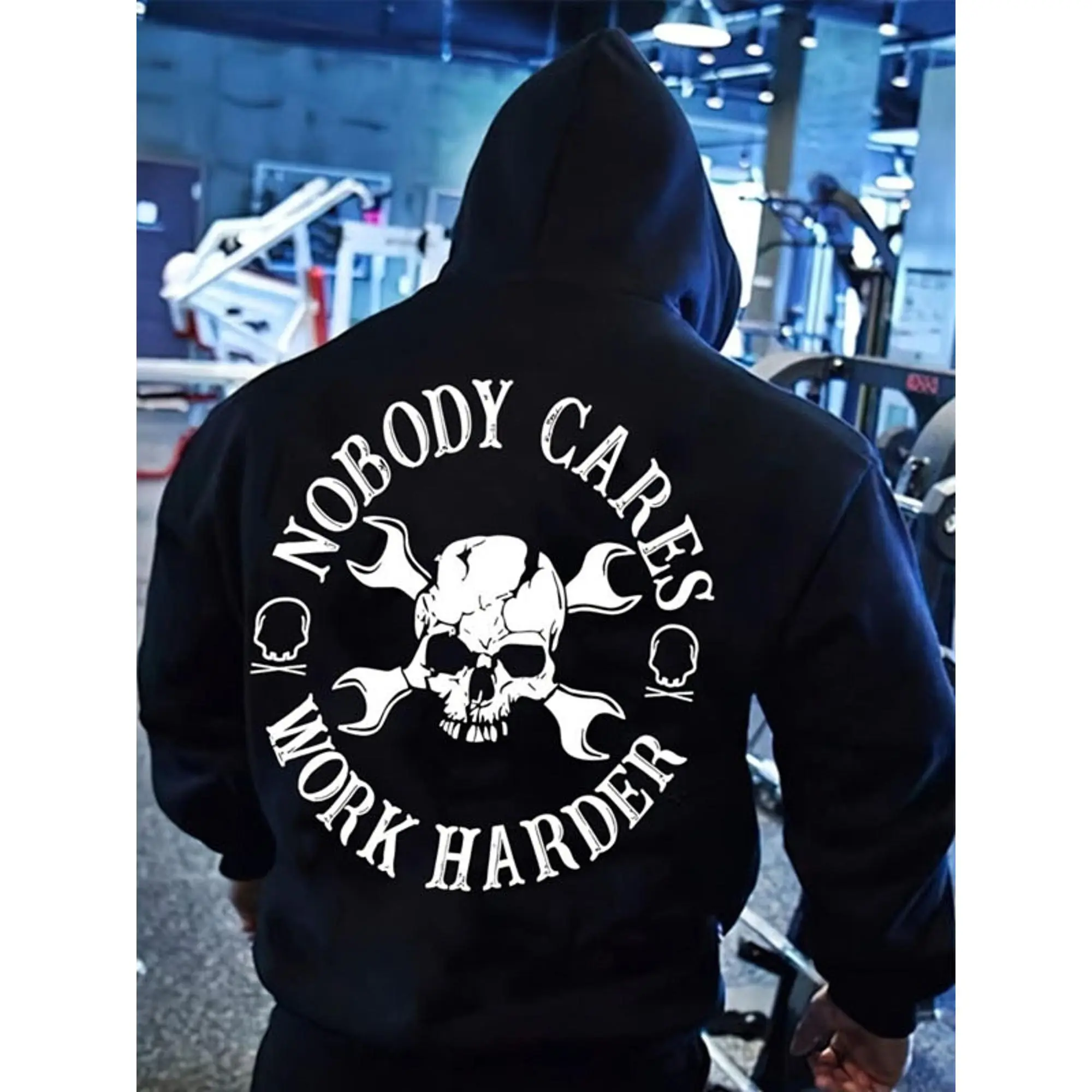 Nobody Cares Work Harder Back‑Print Hoodie Skull And Wrench Motivational Graphic Hooded Sweatshirt Vintage Gothic Inspirational Quote Casual Oversized Pullover Gym Street‑Style Outerwear