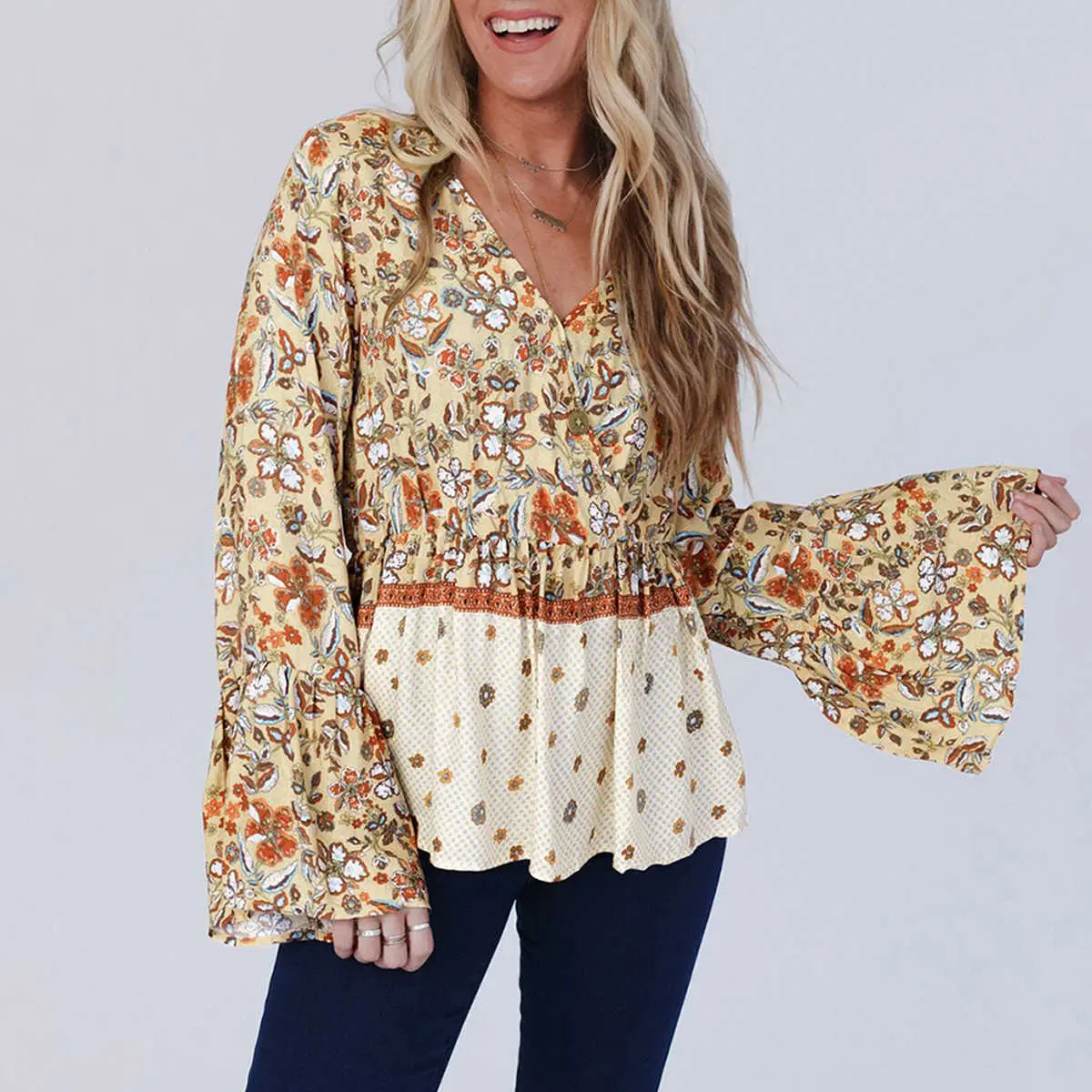 Women's Bohemian Floral Peplum Top with an Elegant Wrap V-Neck and Bell Sleeves, Feminine Polyester Blouse, Long Sleeve, Shirts, Tops