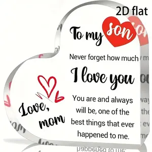 2D Flat, Heart-Shaped Mother to Son Acrylic Keepsake Card - ized-Look English Message Gift for Son from Mom, Birthday/Christmas/Wedding/Anniversary, Frameless Tabletop Display with "to My Son" & "Love Mom" Phrases, Sentimental Home Decor, 2D Flat