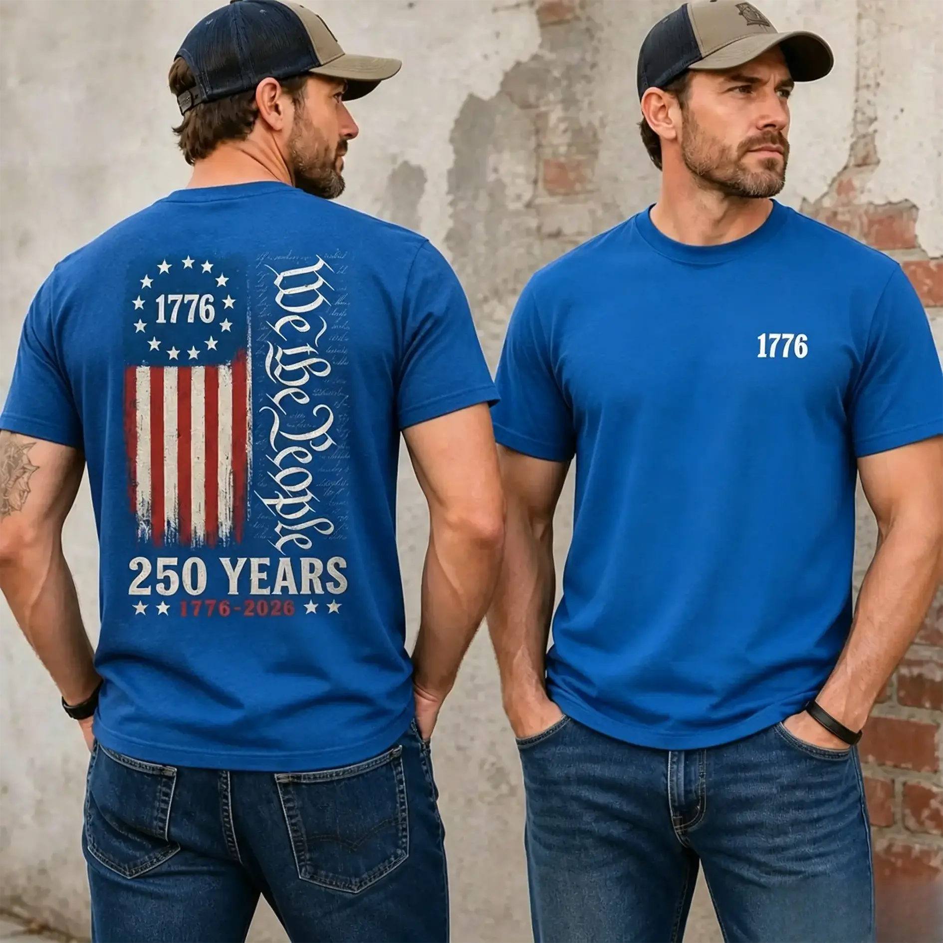 Loose Fit Graphic T-Shirt, 1776 We The People Vintage American Flag Front And Back Printed Craft Tee, Soft Breathable Casual Short Sleeve Top, Patriotic USA Heritage Trendy Outfit For Men Women, Retro Independence Graphic Shirt For summervibes