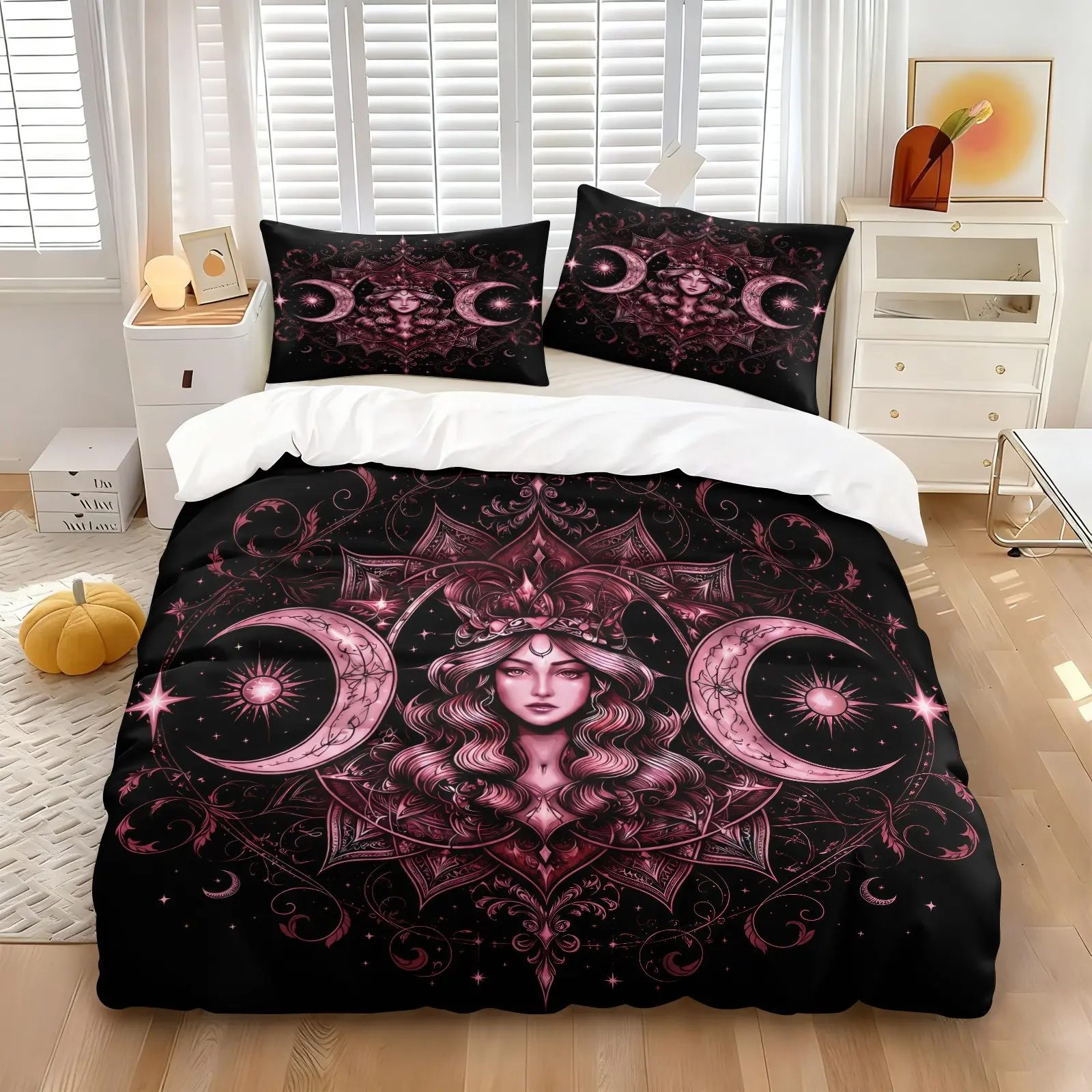 Black Pink Triple Moon Goddess Print Duvet Cover Set (1 Duvet Cover + 1/2 Pillowcases), Gothic Celestial Mandala Bedding, Ultra-Fine Fiber Soft Breathable Bed Linens, Witchy Gothic Bedroom Decor, HD Digital All Seasons Bedding