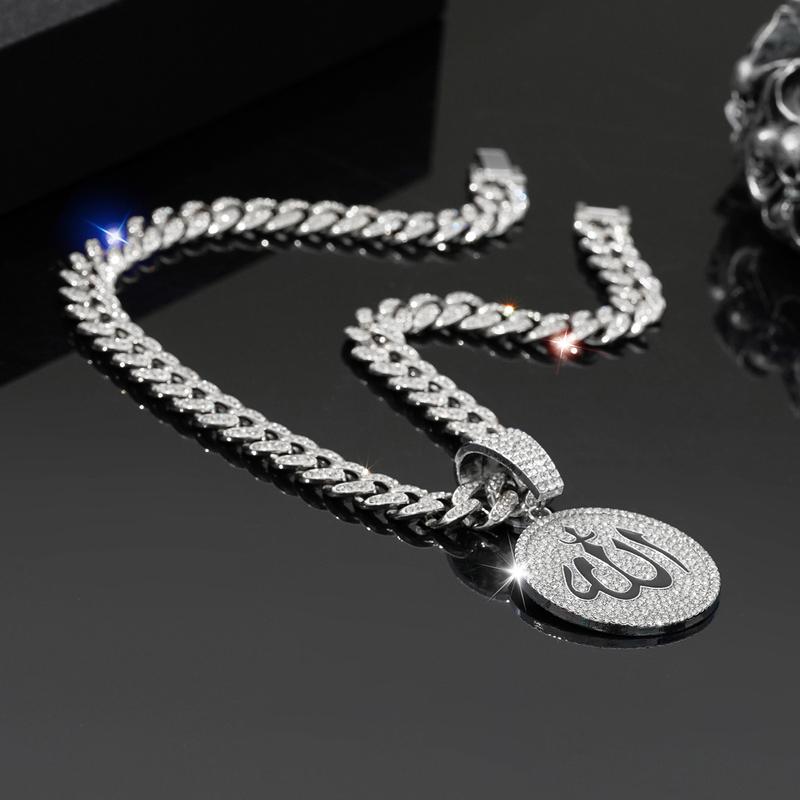 Sparkling Allah Necklace Cuban Chain with Islamic Muslim Arabic Symbol Pendant, Religious Amulet Jewellery for Daily Wear and Gift Giving