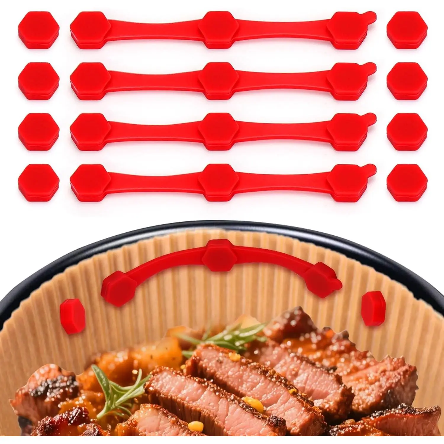 12PCS Air Fryer Silicone Buckle Magnets for Parchment Paper Liners, High-Temp Safe Air Fryer Accessories, Secure Fit to Prevent Burning, Lock Paper from Heating Element or Covering Food (Red)