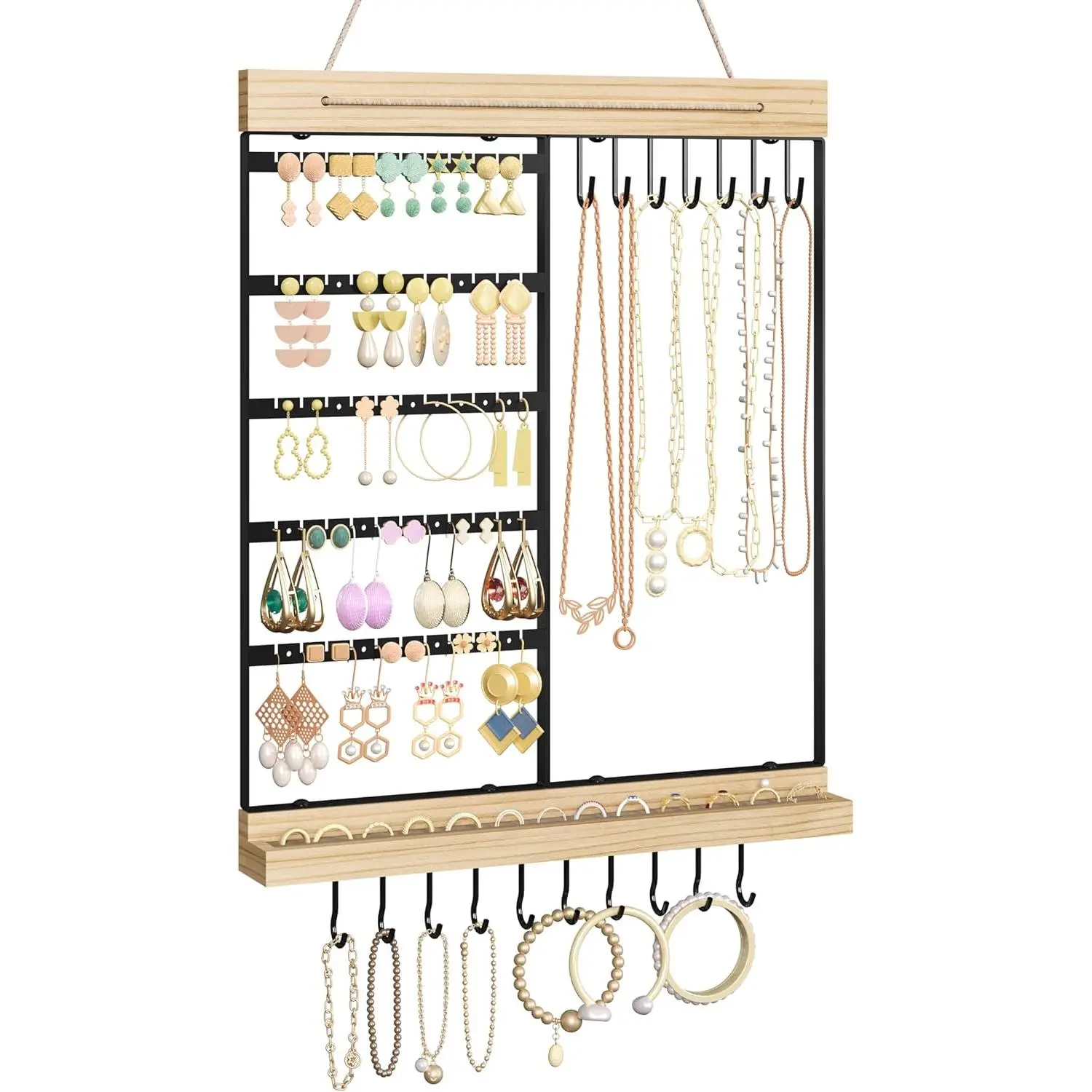 Hanging Jewelry Organizer, 5-Tier Wall Earring Holder with Wooden Ring Groove, Jewelry Rack Wall Mounted for Earrings, Necklaces, Bracelets and Rings, Jewelry Holder Stand, Black