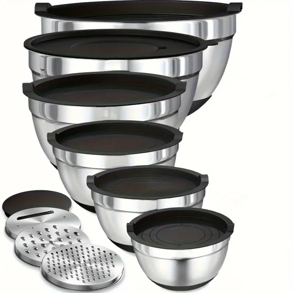 Stainless Steel Mixing Bowl Set with Airtight Lid, 9 Counts/set Including 6 Counts Bowls & 3 Counts Grater Attachments, Kitchenware Tool for Baking Cooking, Metal Mixing Bowls