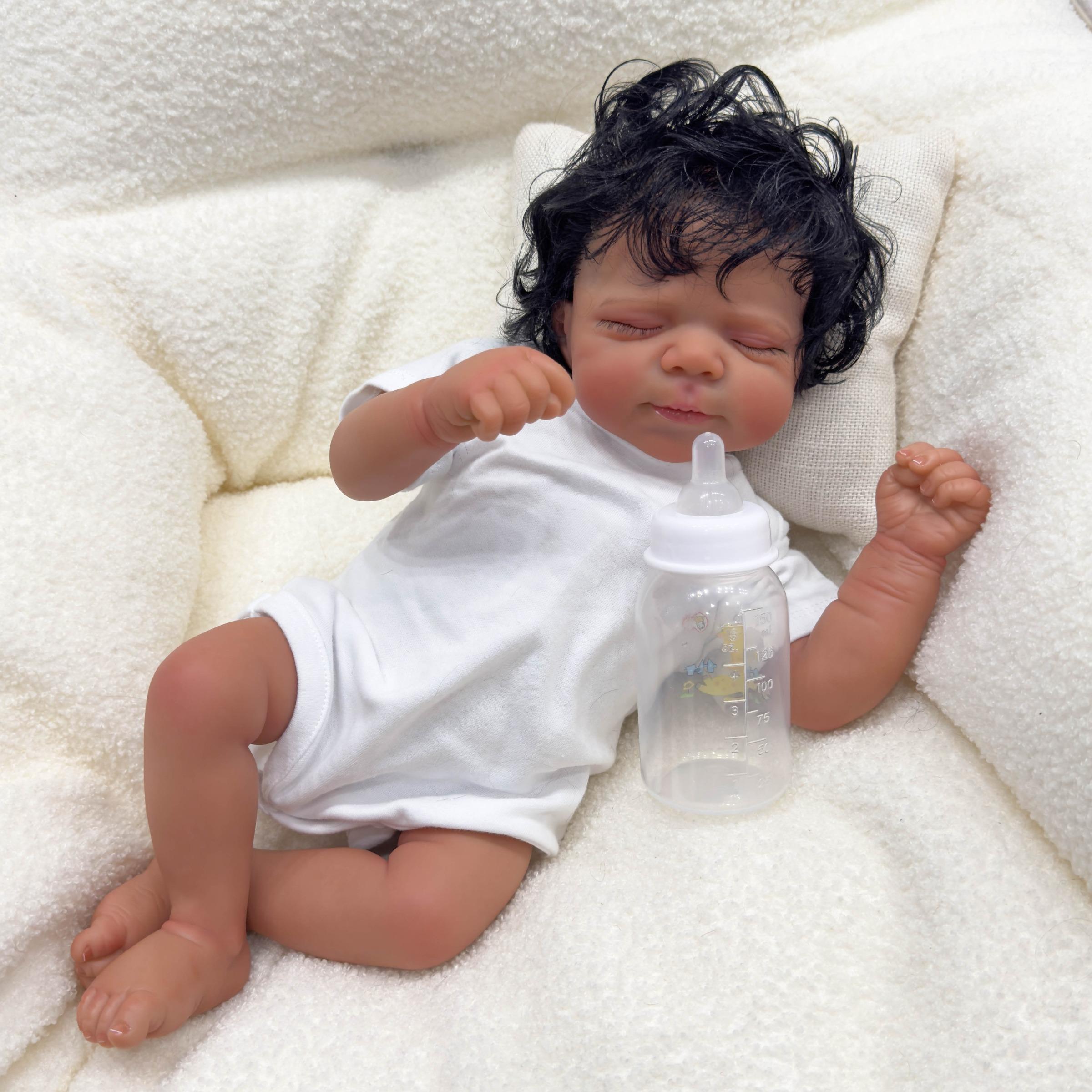 19 Inch Realistic Reborn Baby Doll, Lifelike Realistic Newborn, Gorgeous Doll, Reborn Doll Baby Dolls, Soft Vinyl Black Skin Sleeping Doll with Short Sleeve Crawling Clothes, Birthday Gift for Kids