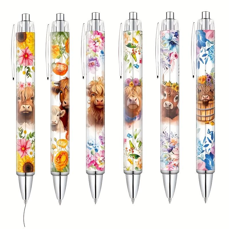 Cute Highland Cow Print Ballpoint Pen Set, 6/12/18 Pieces, School Home Office Desk Decor, Valentine's Day Gift for Her