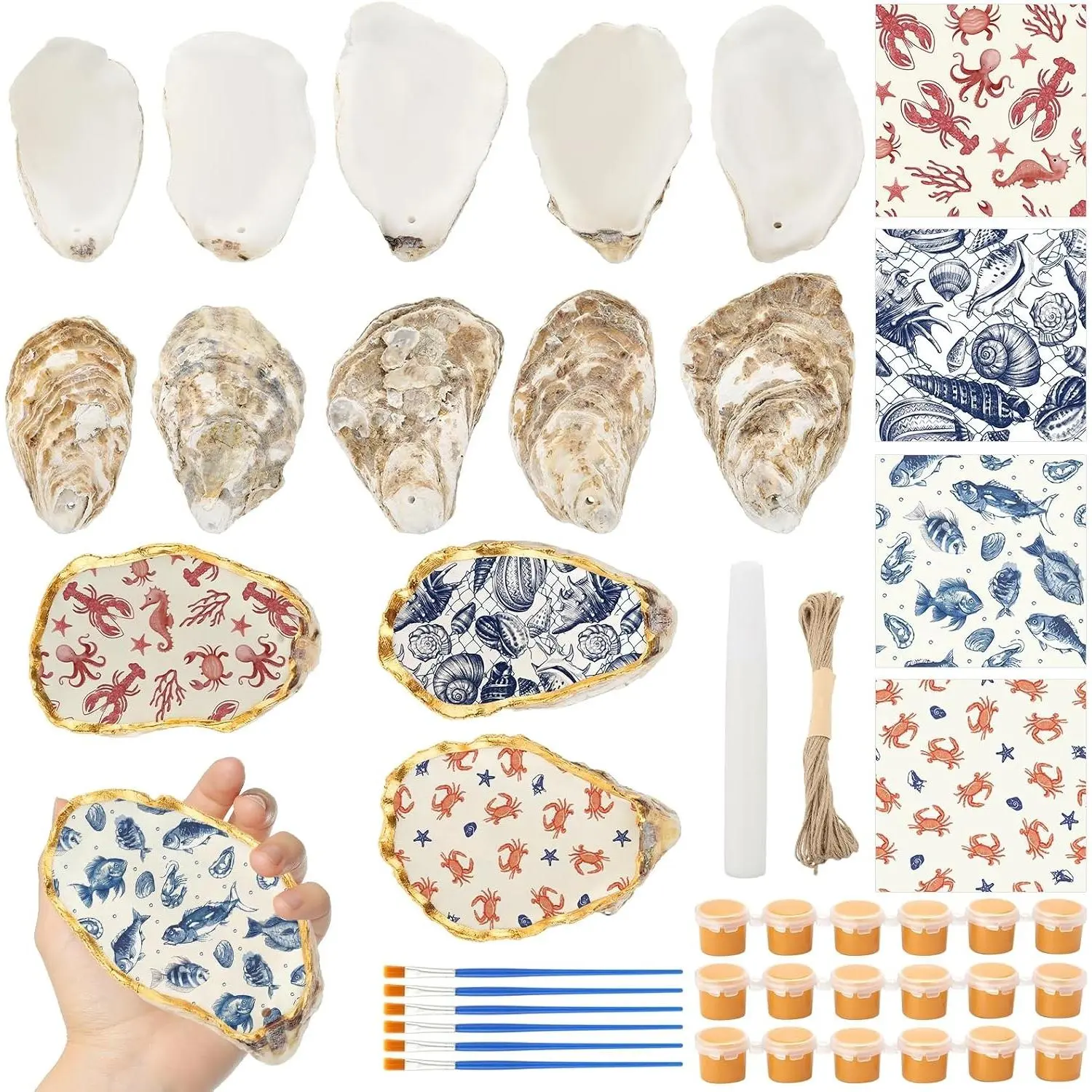 16 Set Beach Oyster Shells for Crafts 4-5 Inch Large Seashells with Holes for Crafting Summer Flat Oyster Shell Kits with Decoupage Napkins Glue Paints Twine Brushs