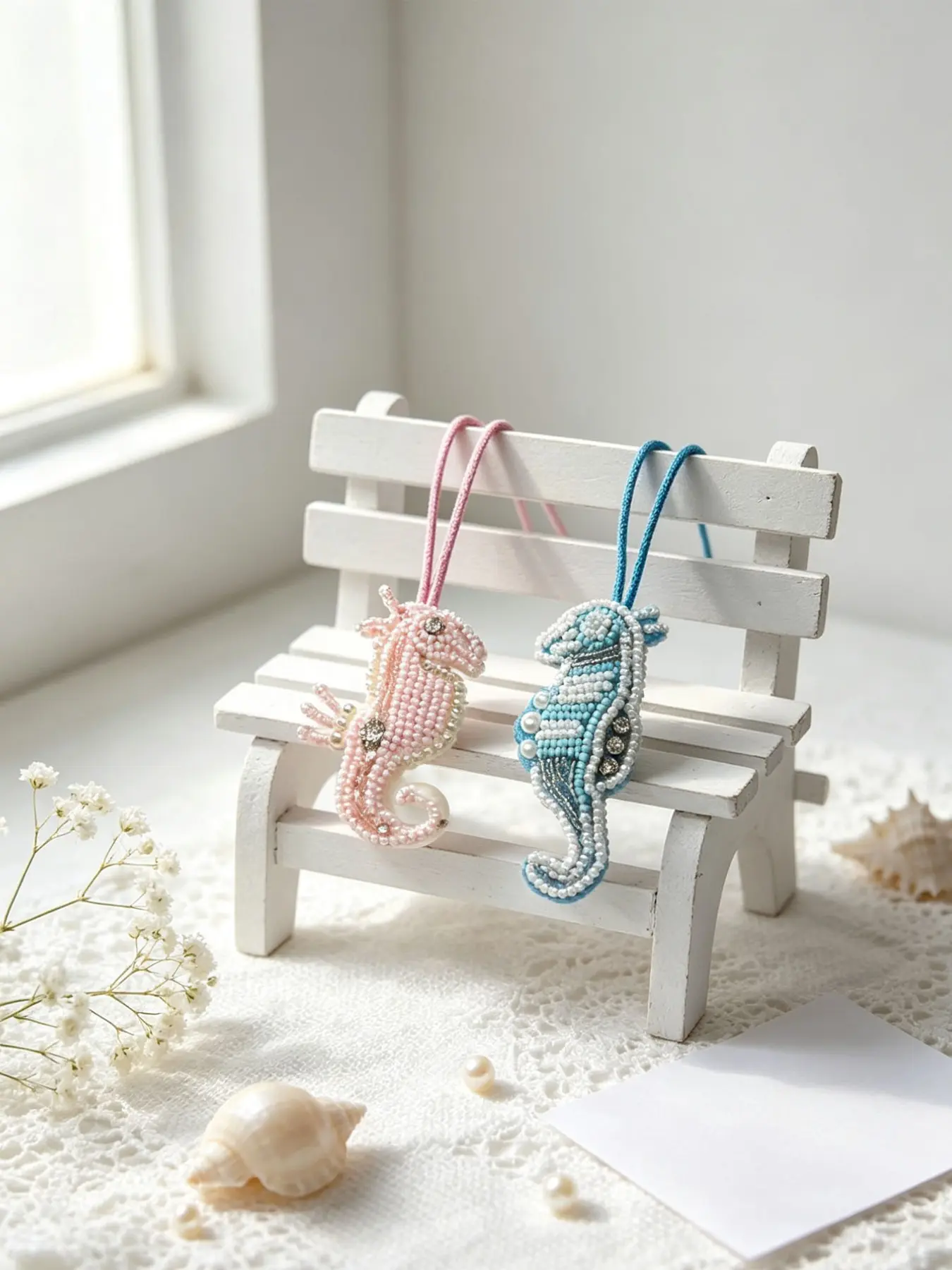 Summer Ocean Bag Charm DIY Bead Fabric Patch, Elegant Sea Horse Handmade Beaded Embellishment, Preppy Animal Pattern Accessory