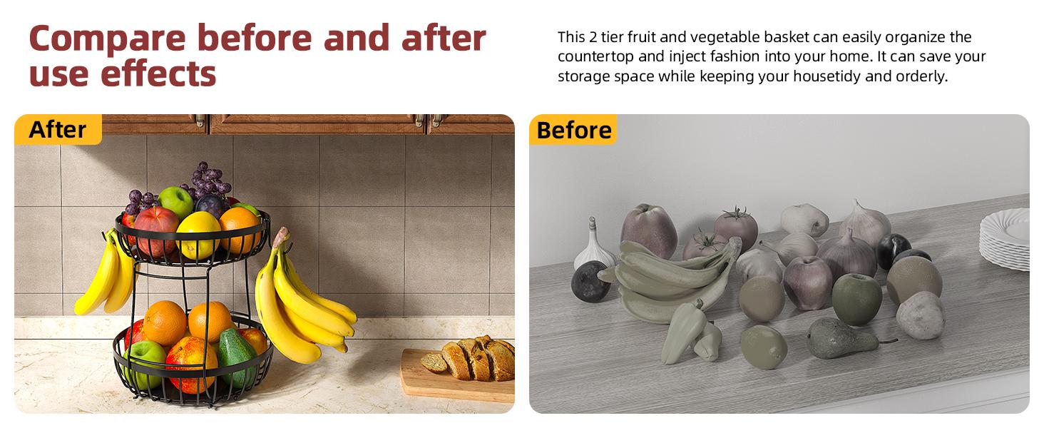 2 Tier Large Fruit Basket for Kitchen Counter with 2 Banana Hangers, Metal Stackable Fruit Bowl for Kitchen Counter for Bread Vegetable Fruits, Black