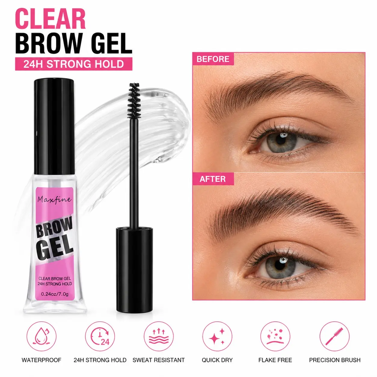 Clear Brow Gel, Transparent Eyebrow Gel, Waterproof Brow Gel, 24H Strong Hold, Sweat Resistant, Quick Dry, Flake Free, Precision Brush