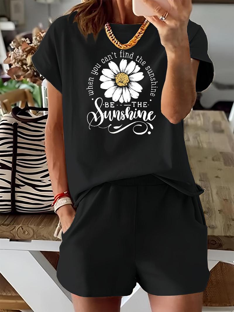Women's Floral & Letter Print Two-piece Set, Casual Short Sleeve Tee & Elastic Waist Shorts Set, Ladies Summer Outfits for Daily Wear