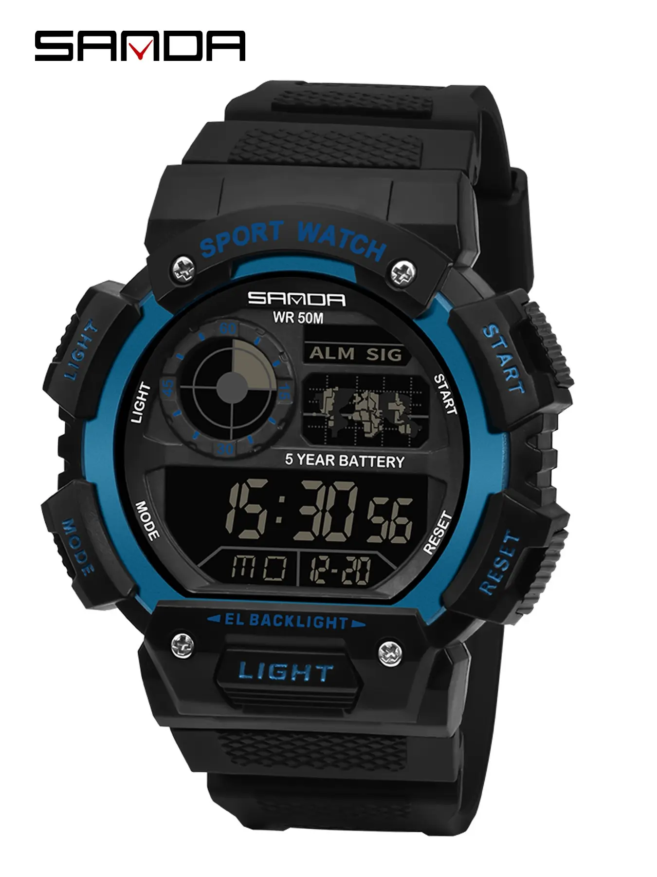 Sanda Fashion Waterproof Digital Watch for Youth, Dual Time, Stopwatch, Alarm, Luminous, Week Date, 12/24h, Casual Style, All Seasons, Fashionable Digital Watch