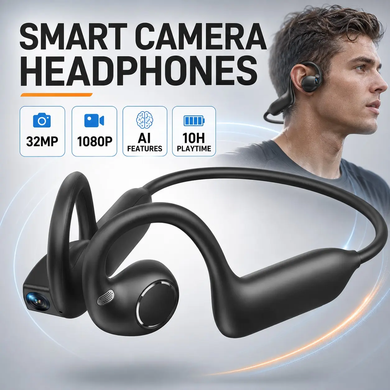 AI Smart Shooting Headphones with Camera, 32MP Photos, 1080P 30FPS EIS POV Video Recorder, Open-Ear Bluetooth Headset, AI Translation & Object Recognition, WiFi Transfer, Hands-Free Calls & Music, Wearable Camera for Travel, Cycling, Vlogging