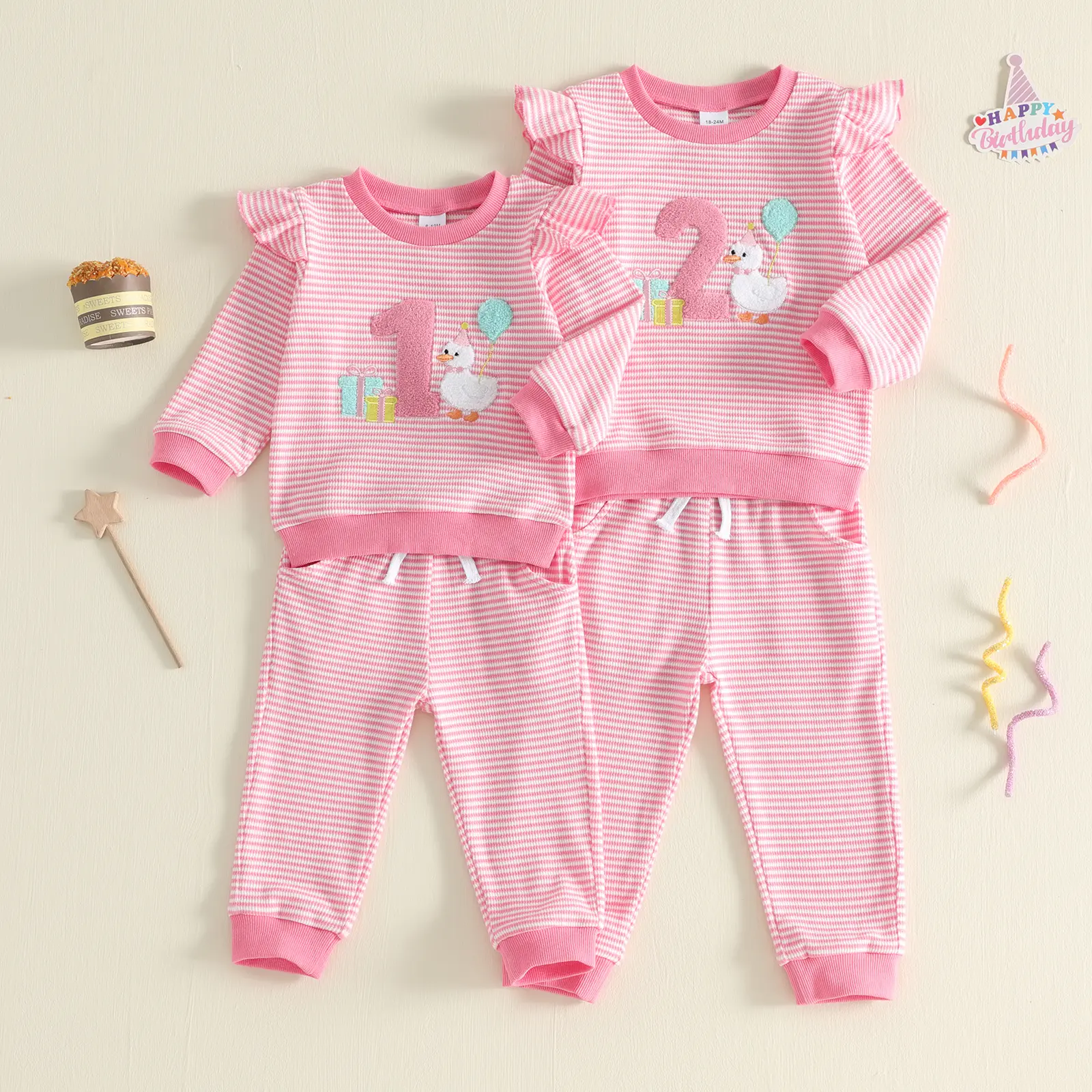 Toddler Girl 2-Piece Casual Soft Cotton Clothes Set - Long Sleeve Striped Tops & Pants, Birthday Theme Outfit for Fall Winter (6M-3T)