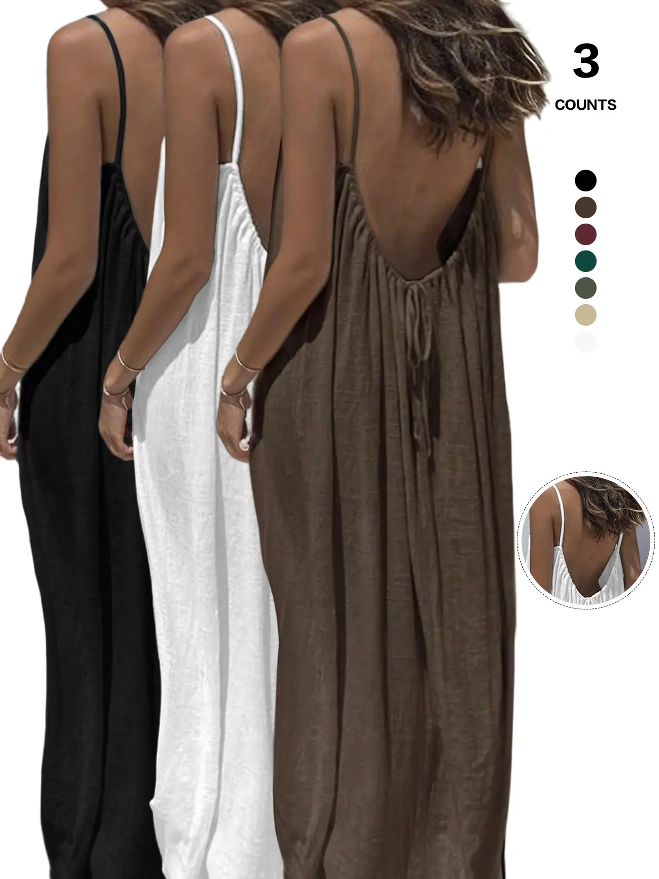 2026 3 Pack Women Crinkle Ruched Slip Maxi Dress, Summer, Spaghetti Strap, Slim Waist, Open Back, Floor Length, Boho Vacation