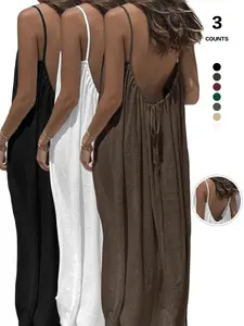 2026 3 Pack Women Crinkle Ruched Linen Maxi Dress, Spaghetti Strap, Slim Waist, Open Back, Floor Length, Boho Vacation