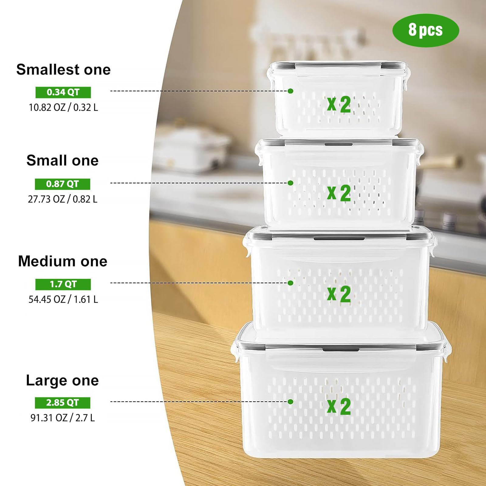 8 Pack Large Fruit Containers for Fridge - Leakproof Food Storage Containers with Removable Colander - Dishwasher & microwave safe Produce Containers Keep Fruits, Vegetables, Berry, Meat Fresh longer