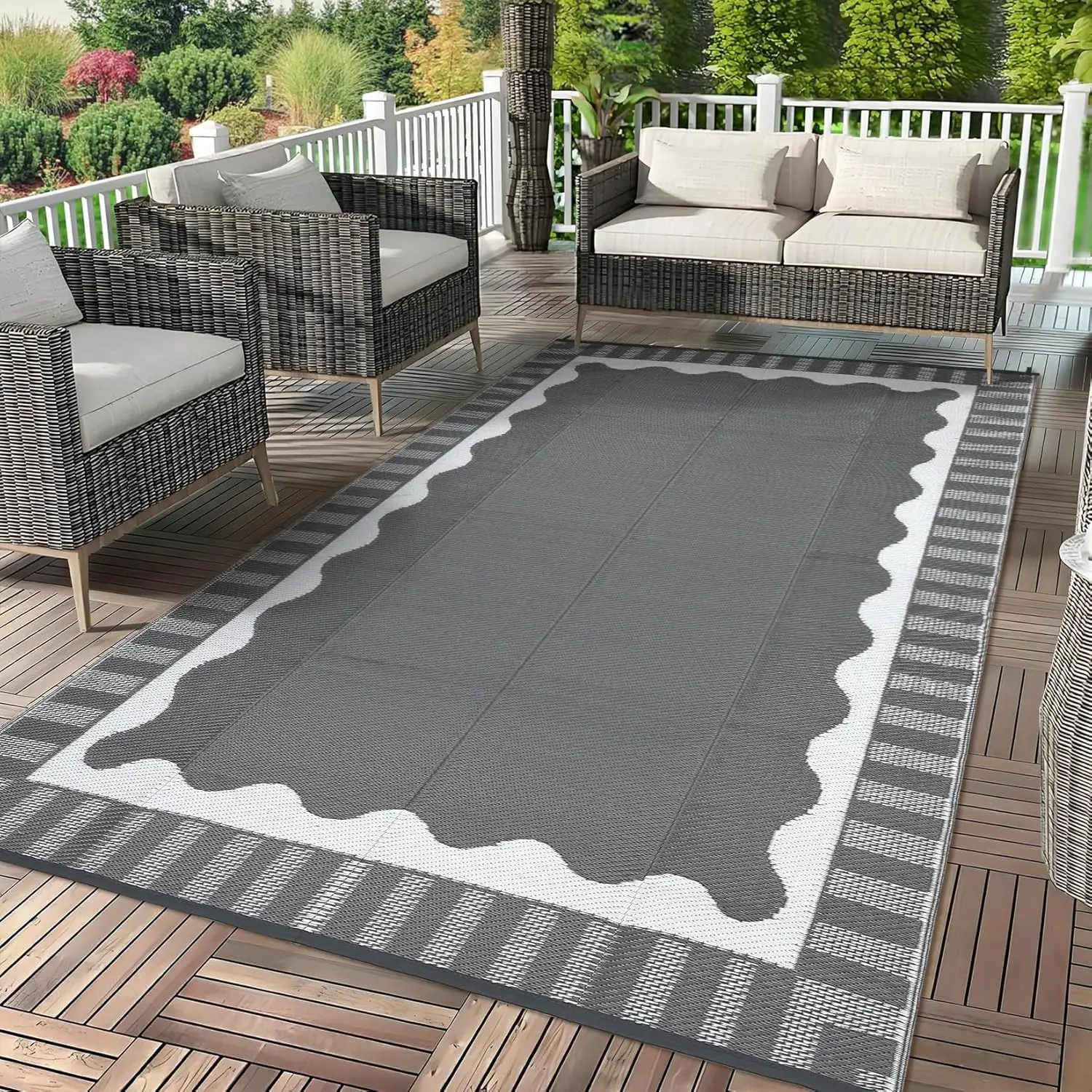 Scalloped Edge Large 8x10 Outdoor Rug, Waterproof Reversible Polypropylene Plastic Straw Rug, Modern Stylish Pattern Patio Deck Mat for Backyard, Trailer