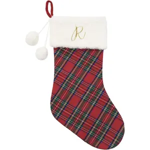 20" Classic Plaid Christmas Stockings Initial Monogram Embroidered with Pom Pom Ball for Christmas Fireplace Decor and Xmas Gift (R)