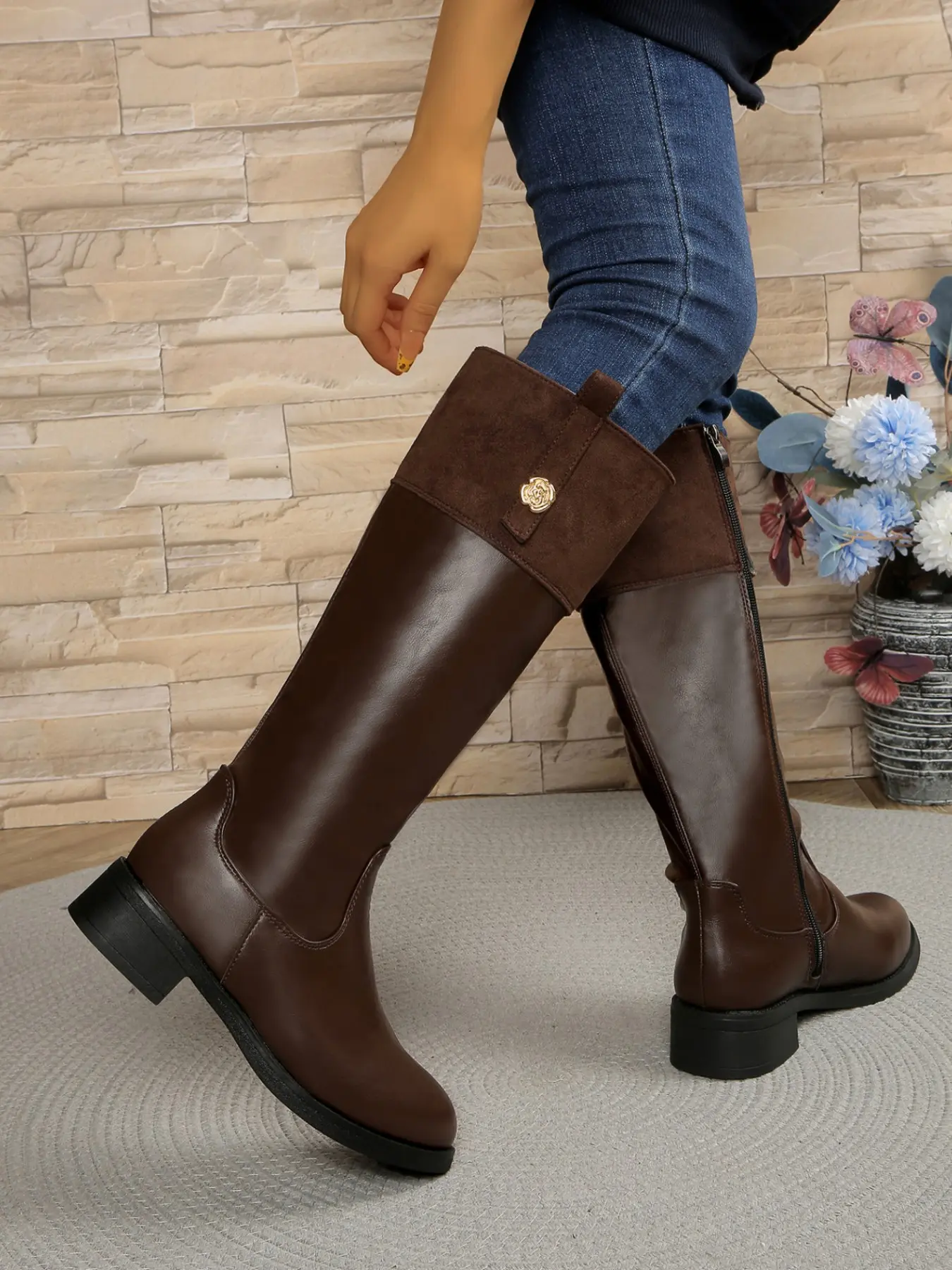 Vintage Patchwork Leather Knight Boots, Badge Buckle, Side Zipper, Low Block Heel, Women's Tall Ankle Boots