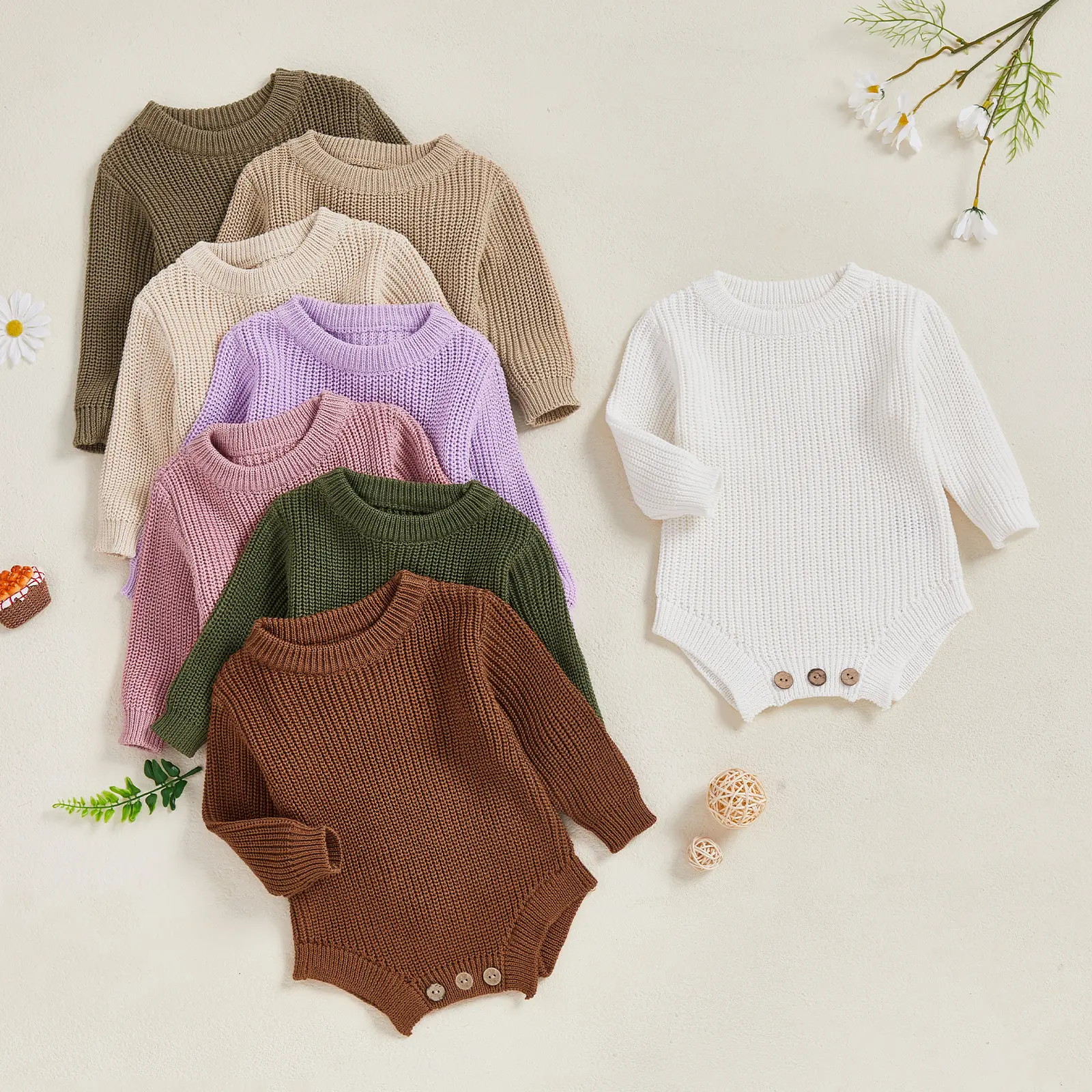 Canrulo Newborn Baby Boy Girl Fall Winter Clothes Chunky Knit Sweater Romper Solid Long Sleeve Onesie  Bodysuit