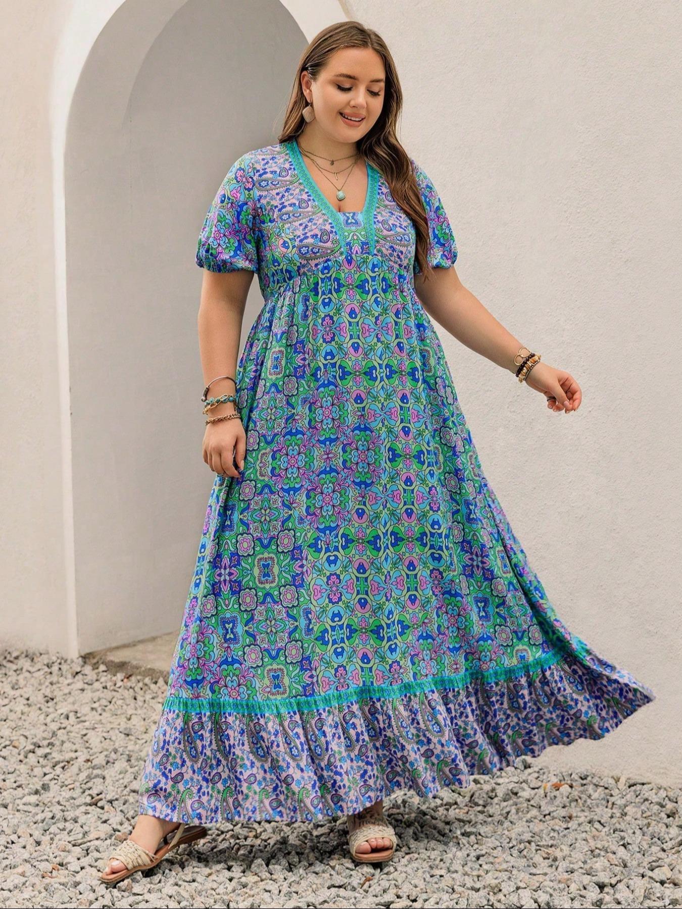 【Plus Size】 Floral Print Short Sleeve Dress, Boho Fashion Casual Dress for Beach Holiday Vacation, Women's Plus Clothing for Summer, Bohemian, Bohemian Casual Wear, Boho Summer Outfit