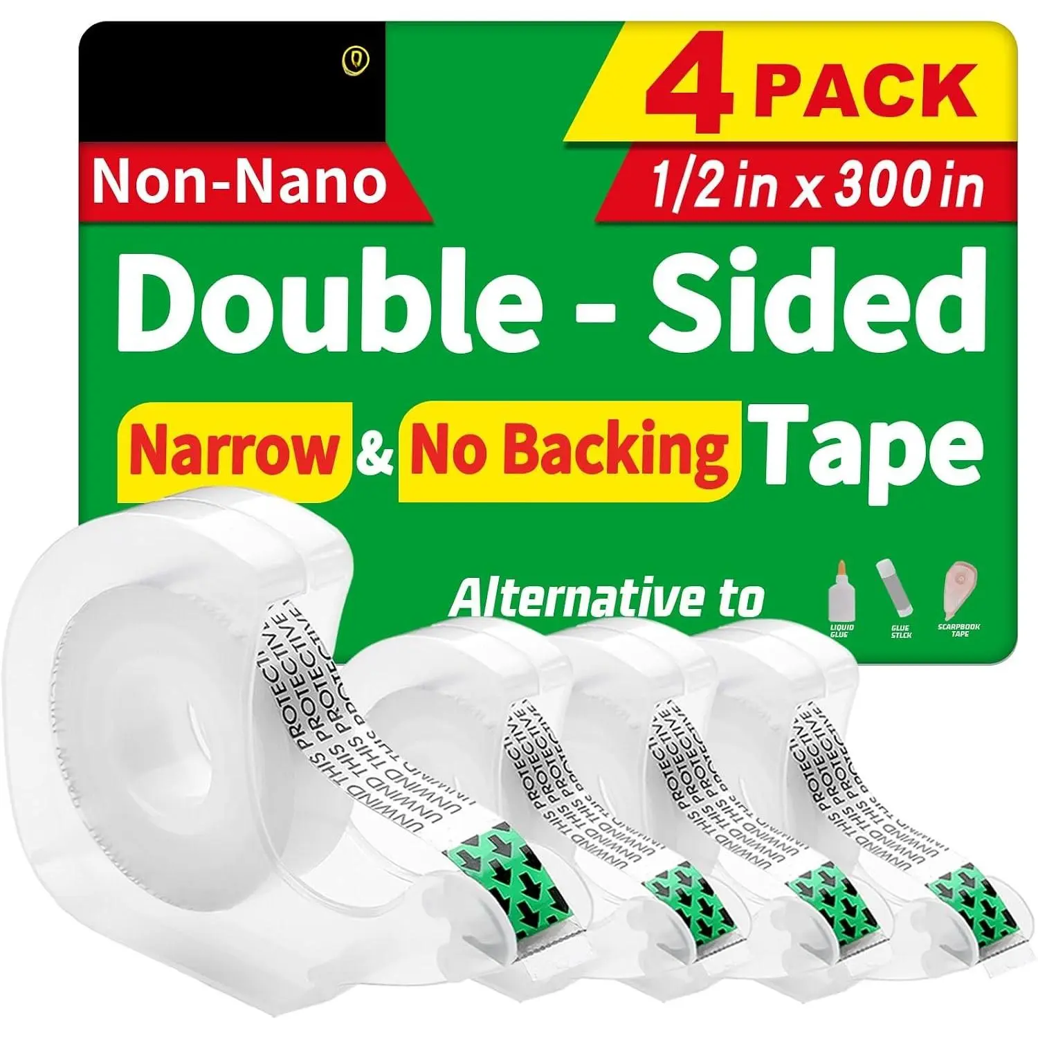 Double Sided Tape, Light Duty Permanent Tape with Dispenser, Narrow Width, Translucent, 4 Pack, 1/2 x 300 inches, Double Stick Tape for Crafts, Arts Projects, Gifts Wrapping, Office School Supplies.