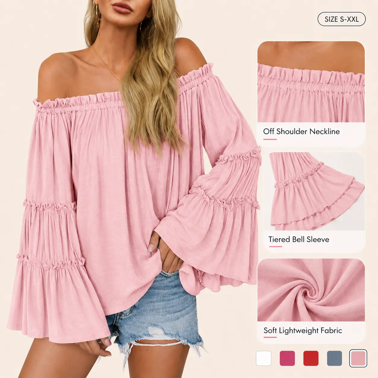 Imily Bela Womens Off The Shoulder Long Bell Sleeve Tops Flared Casual Loose Blouse