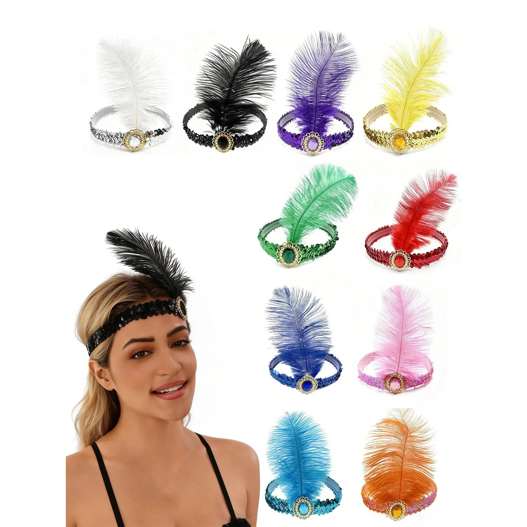 1920s Flapper Headband Feather Headpiece Sequin Headband with Gem for Gatsby Party Halloween Costume Accessory