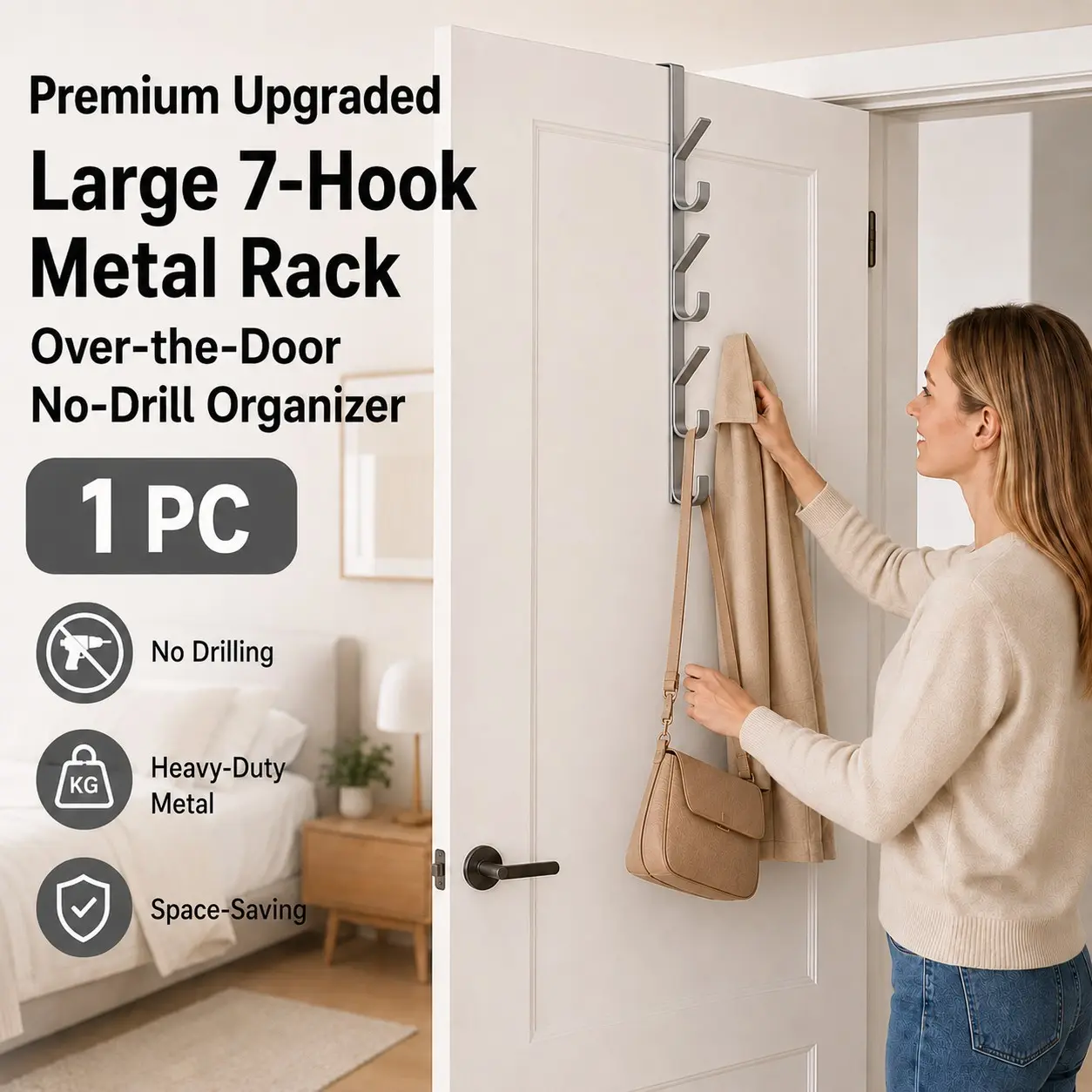 1Pcs/2Pcs Space Saving Metal Over Door Hanger with Multi-Level Hooks, Easy Install Storage Rack for Clothes, Robes, Caps, Purses, Scarves and Bathroom Towels. Useful organizer gift for mom, wife or girlfriend on Mother's Day, Father's Day or Christm