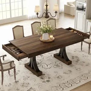 Dining Table for 6-8 People with 2 Large Storage Drawers, Farmhouse Rectangular Wooden Kitchen Table with Thickened Tabletop & Double Pedestal Sturdy Steel Frame, Multipurpose Dinette Table for Home Dining Room, Office & Family Use