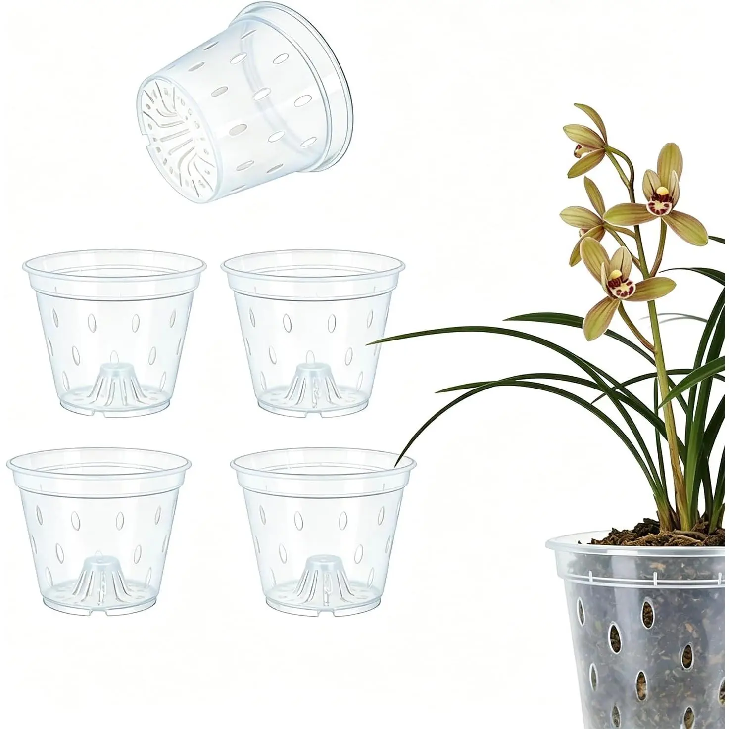 5 Pack 5.5 Inch Clear Plastic Orchid Pots with Drainage Holes, Transparent Breathable Planters for Root Observation, Indoor Outdoor Orchid Cultivation