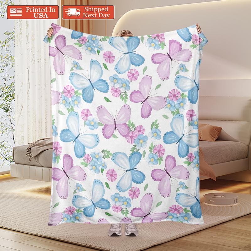 Viral Pastel Butterfly Watercolor Blanket Taking Over TikTok! Realistic Floral & Butterfly Design Fleece Throw, Printed In USA