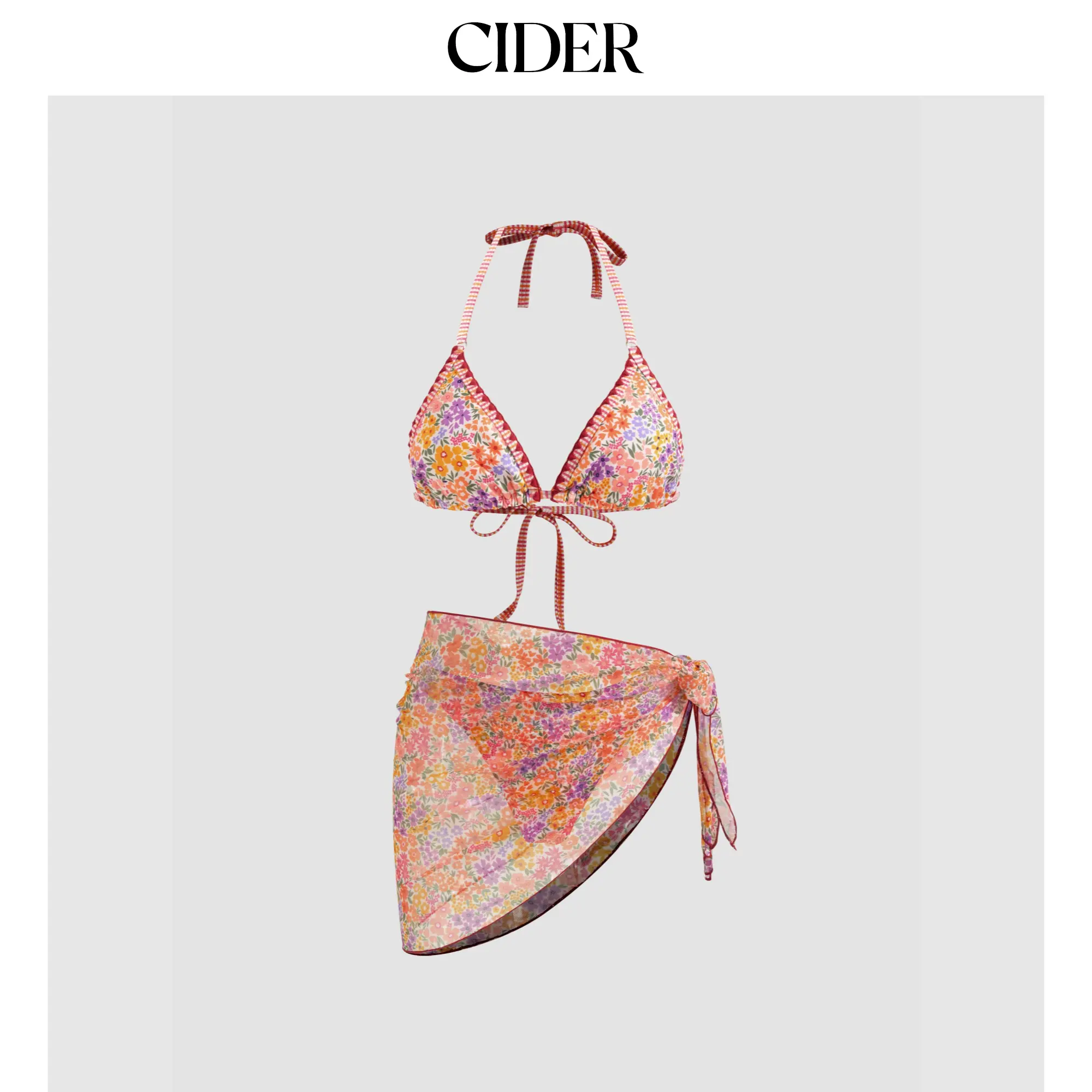 Cider V-neck Halter Floral Tie Side Bikini Swimsuit With Sarong