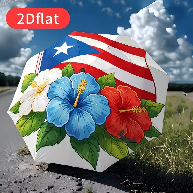 Foldable Umbrella with Bright Flag and Hibiscus Design, Lightweight Portable Rain & Sun Protection, Perfect Gift for Holidays