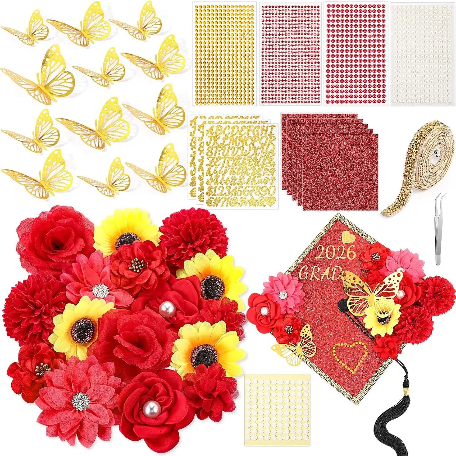 43 count DIY Graduation Cap Decorations Kit, Grad Cap Decorations Included Faux   Butterfly Self Adhesive Rhinestones Stickers Alphabet Letter Stickers for 2026 Grad Party(Red)
