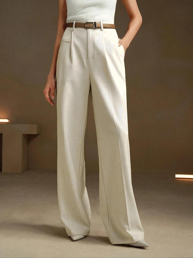 Women's Solid Pocket Straight Leg Pants, Elegant Fashion Casual Street Trousers for Work Office Business, Ladies Bottoms for All Seasons