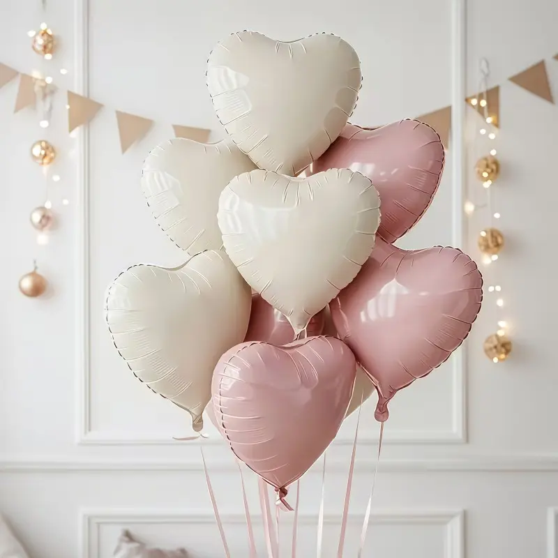 11-Piece Creamy Heart Aluminum Foil Balloon Set, Party Balloons, Includes 1 Roll Tie, Perfect for Valentine's Day, Wedding, Birthday Parties, Reusable