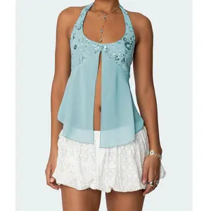 Sequins Halter Tanks Tops for Women y2k Coquette Sexy Sleeveless Pearl Embellished Mesh Patchwork Chic Lady Sparkle Camisole