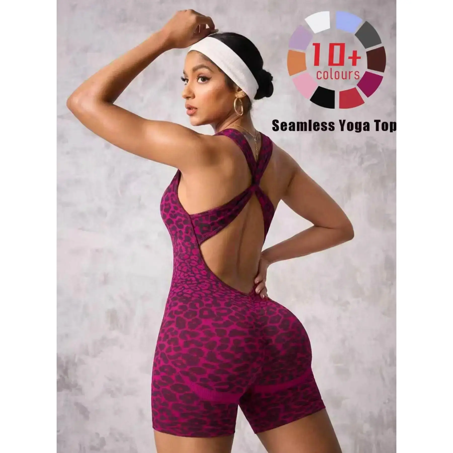 Seamless Women's Leopard Print Jumpsuit Shorts High Stretch Detachable Bra Cups Ideal for Daily Wear and Outdoor Sports